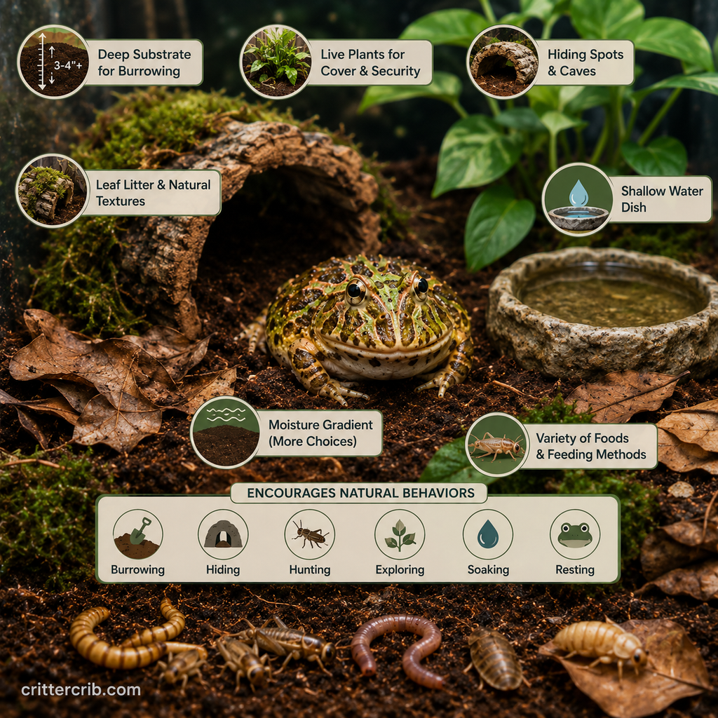 Pacman frog enrichment habitat with deep substrate, plants, hiding spots, leaf litter, water dish, and varied feeding options