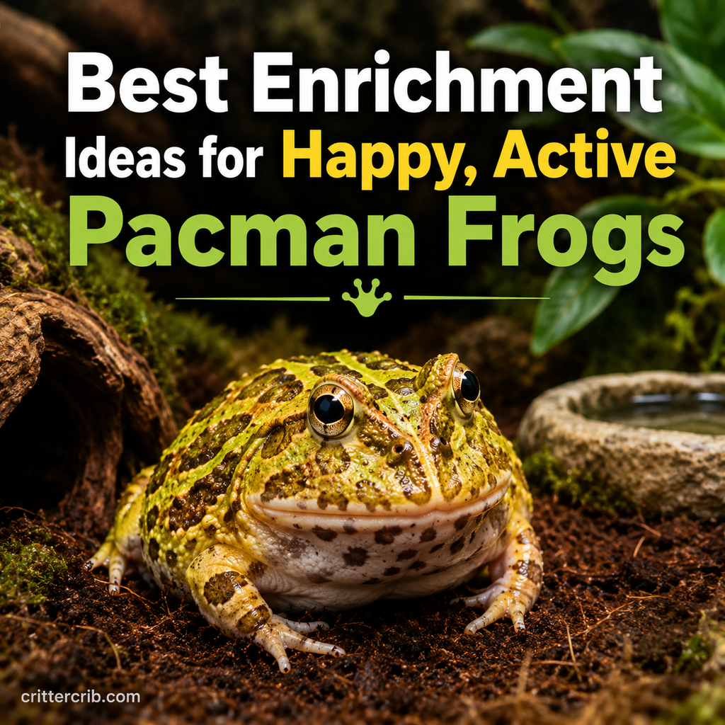 Pacman frog in an enriched terrarium with deep substrate, plants, hiding places, and a shallow water dish