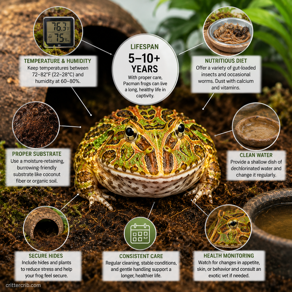 Pacman frog lifespan and care factors including temperature, humidity, diet, substrate, clean water, and health monitoring