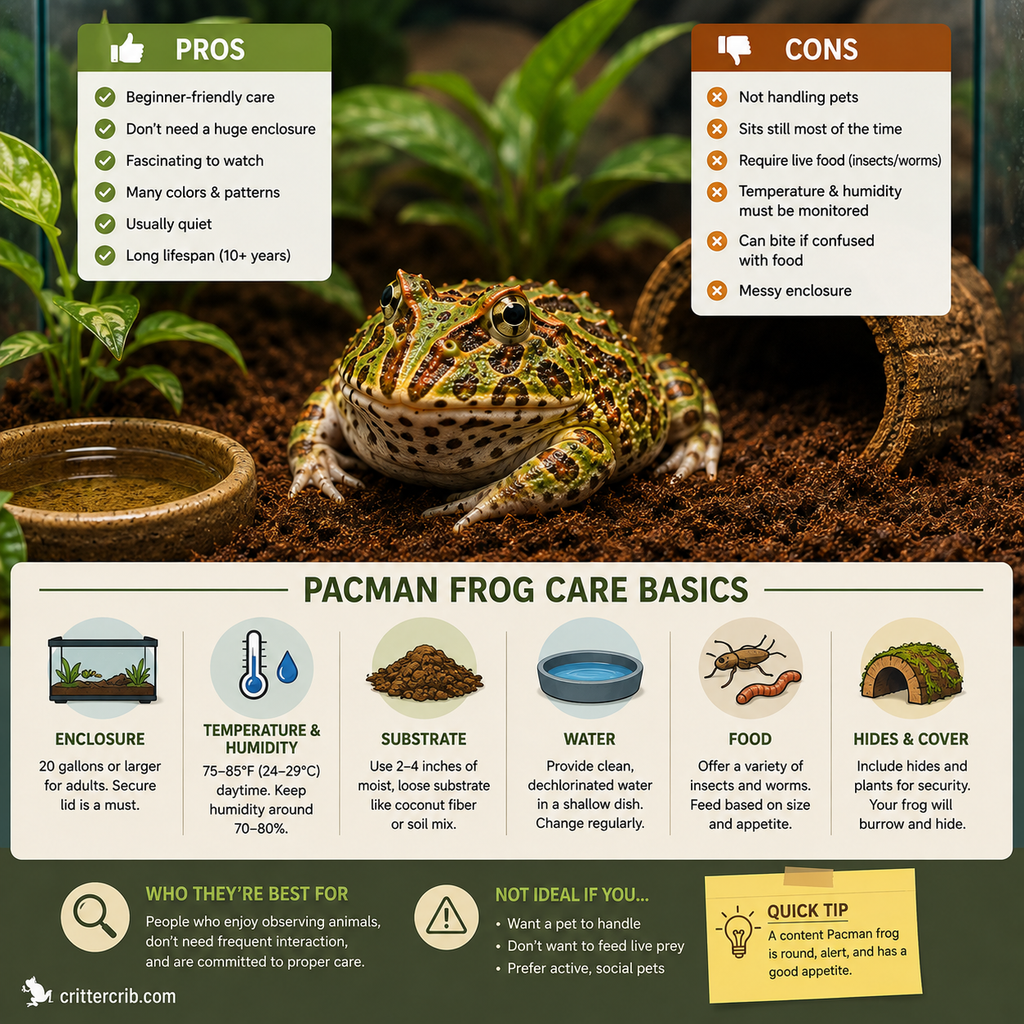 Pacman frog pet pros and cons with beginner care requirements including habitat, feeding, temperature, humidity, and handling
