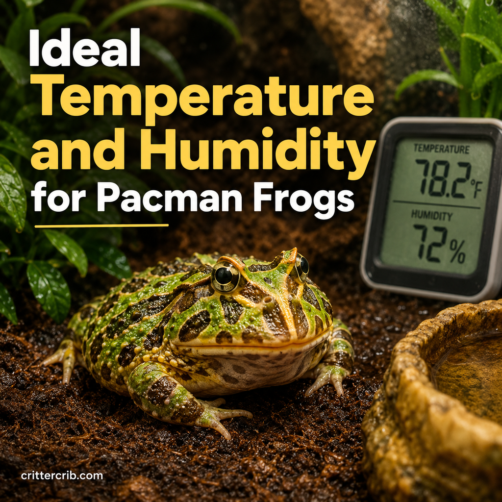 Pacman frog in a humid terrarium with a thermometer and hygrometer showing ideal temperature and humidity conditions