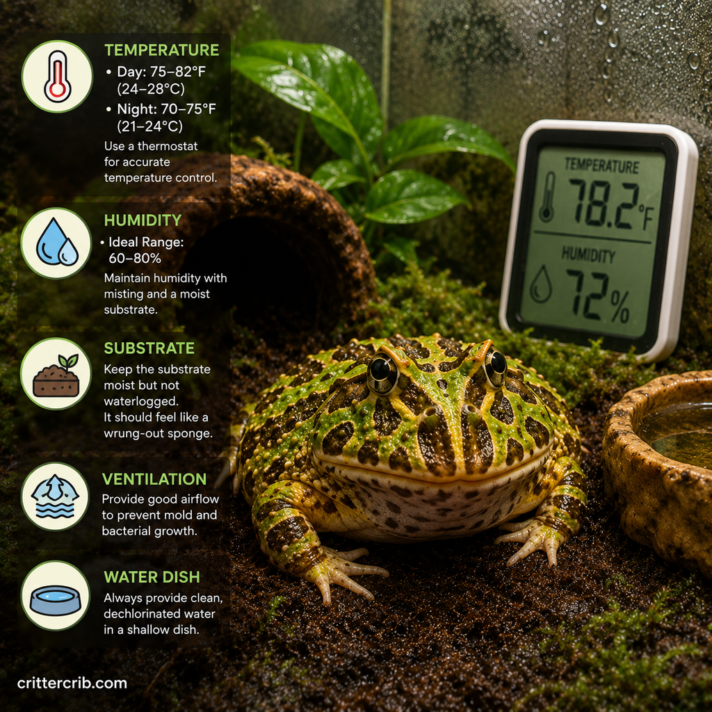 Pacman frog temperature and humidity guide showing ideal ranges, moist substrate, ventilation, and a shallow water dish