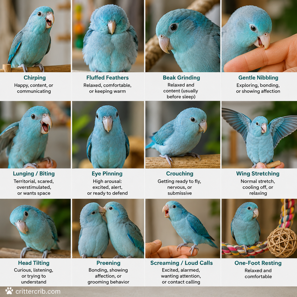 Common parrotlet behaviors including chirping, fluffing, beak grinding, nibbling, eye pinning, stretching, preening, and resting