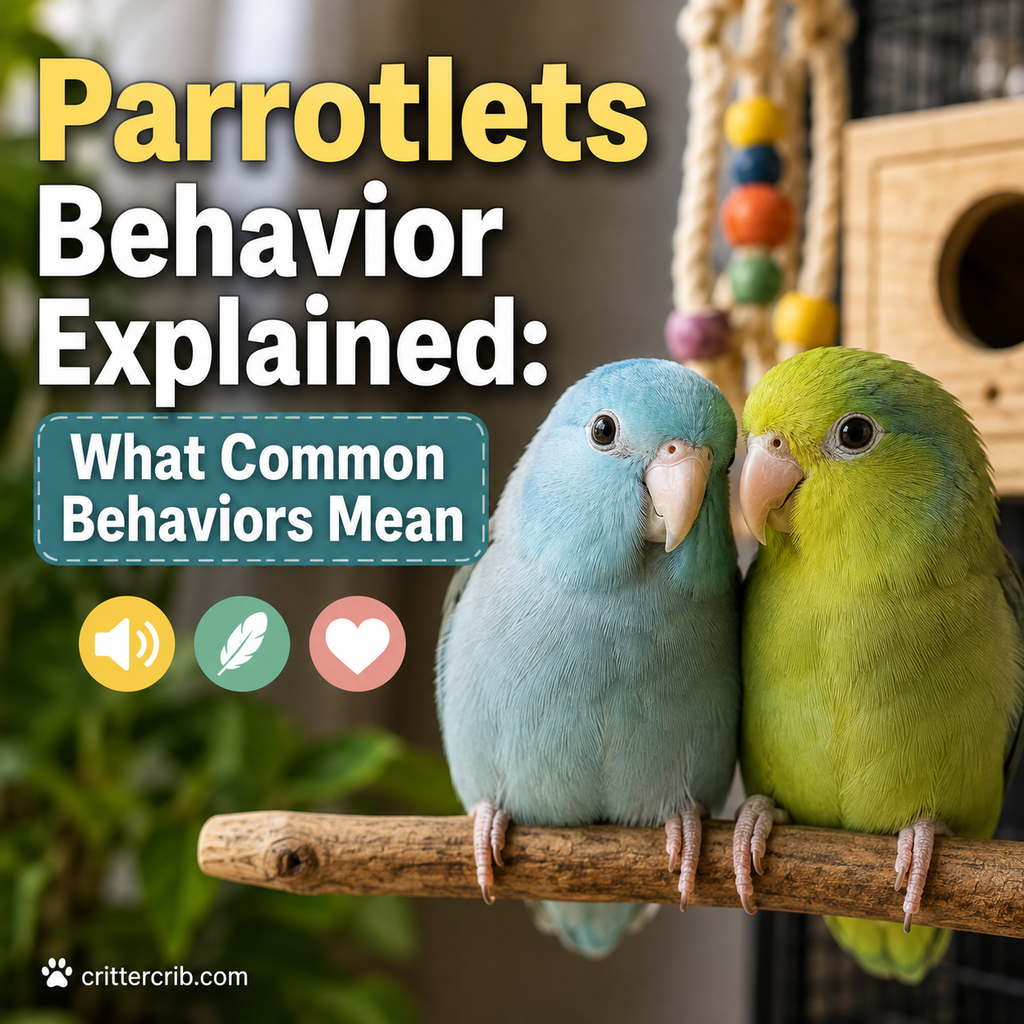 Two parrotlets perched together illustrating common parrotlet behaviors and body language