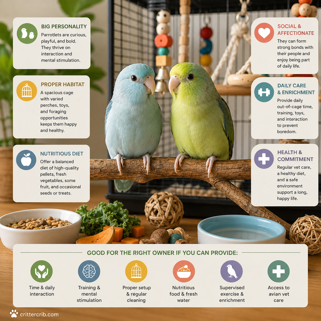 Two parrotlets with a spacious cage, toys, healthy food, water, and enrichment