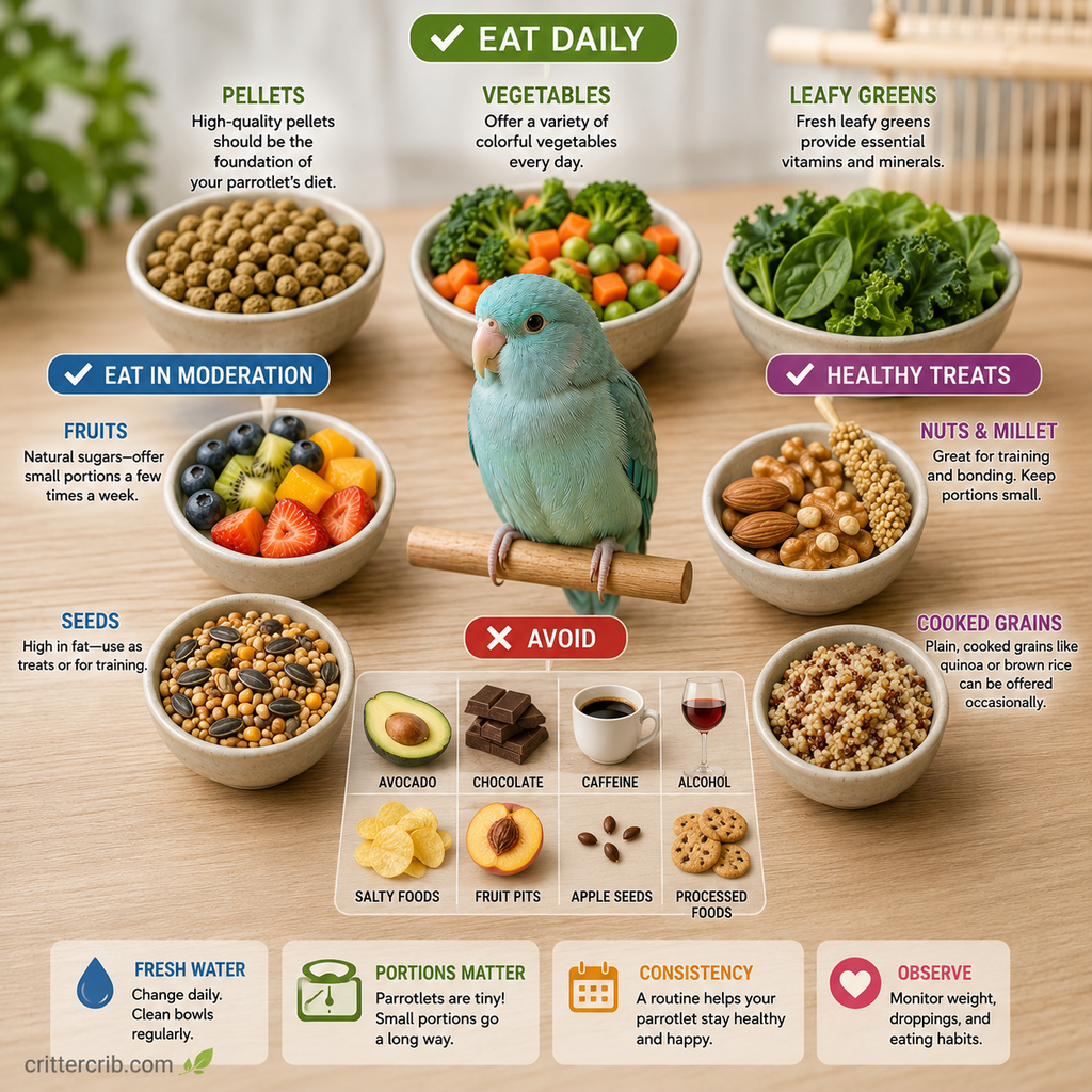 Parrotlet feeding guide showing pellets, vegetables, leafy greens, fruit, seeds, healthy treats, and foods to avoid.