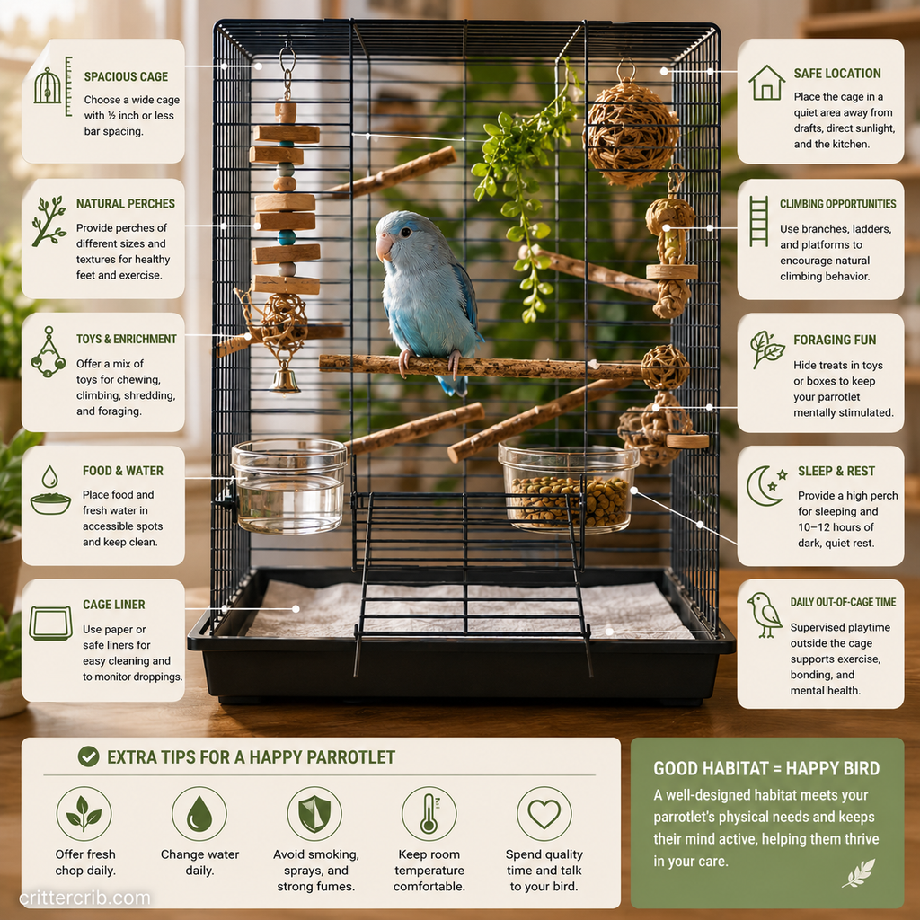 Blue parrotlet in a spacious cage with natural perches, toys, food, water, climbing areas, and foraging enrichment.