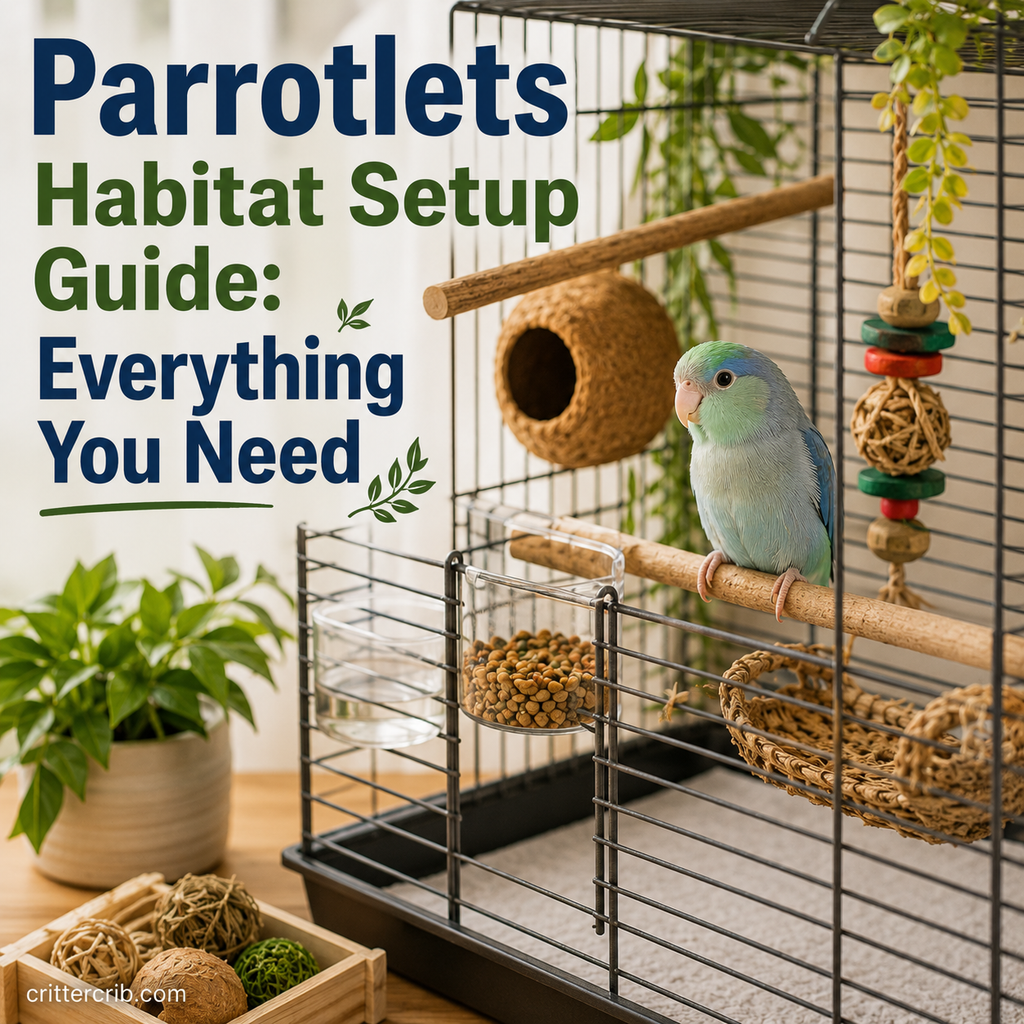 Blue parrotlet in a spacious cage with natural perches, food, water, toys, and enrichment accessories.
