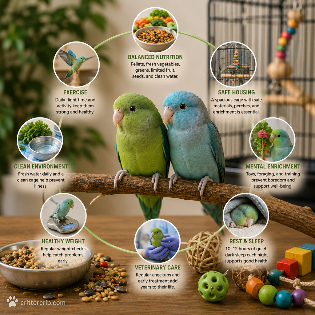 Parrotlets with examples of nutrition, exercise, safe housing, enrichment, sleep, healthy weight, and veterinary care