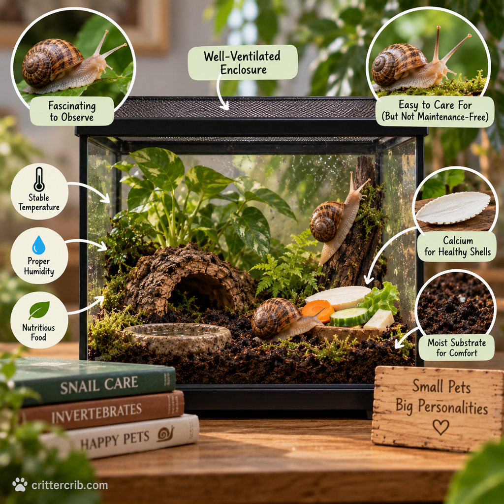 Pet land snail enclosure with moist substrate, fresh vegetables, calcium, ventilation, and natural hiding places
