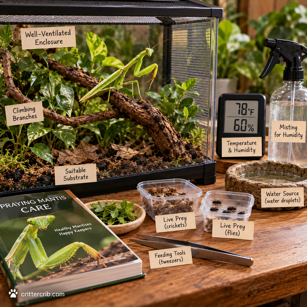 Praying mantis care setup with ventilated enclosure, climbing branches, live prey, mister, and temperature monitor