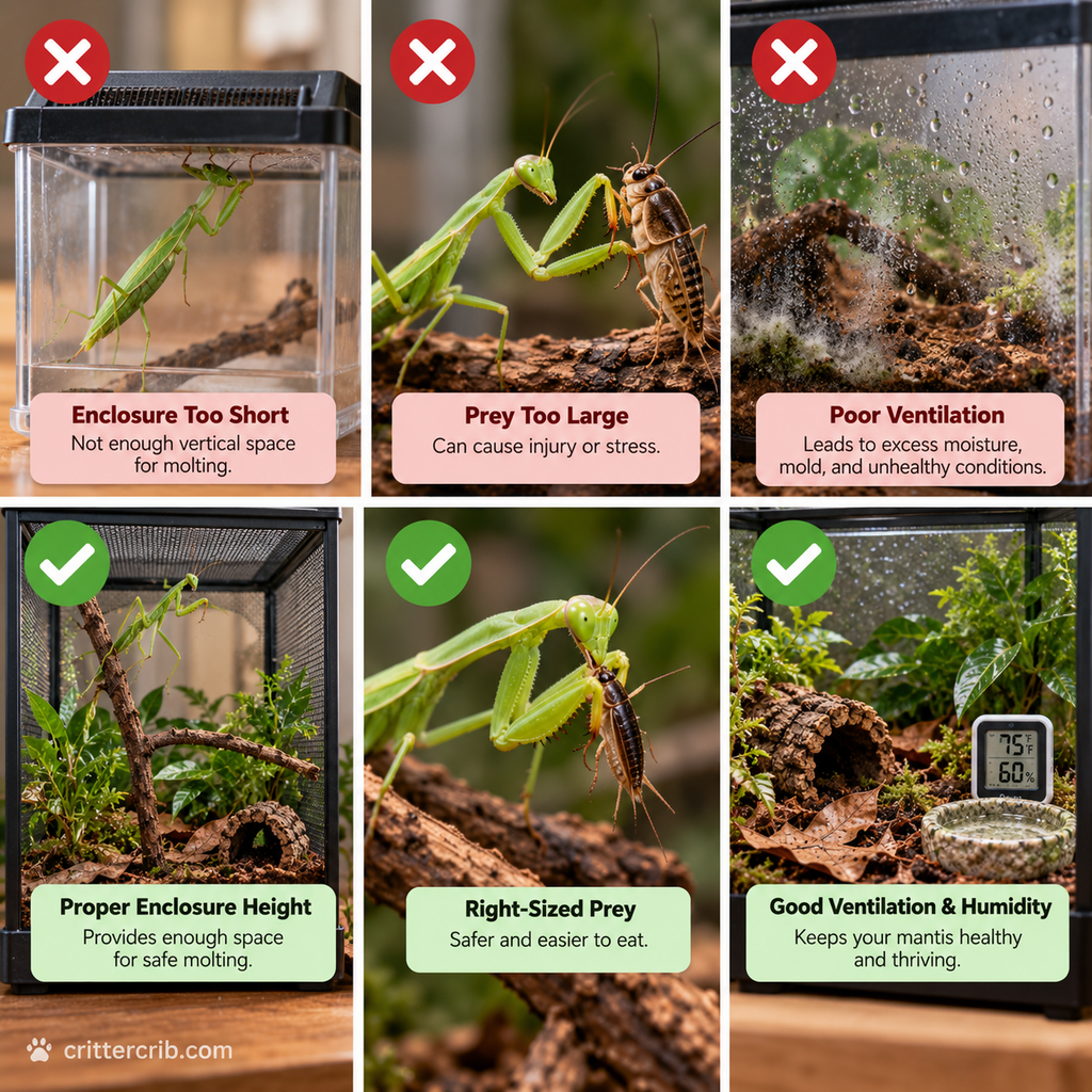 Praying mantis care comparison showing proper enclosure height, prey size, ventilation, and humidity.
