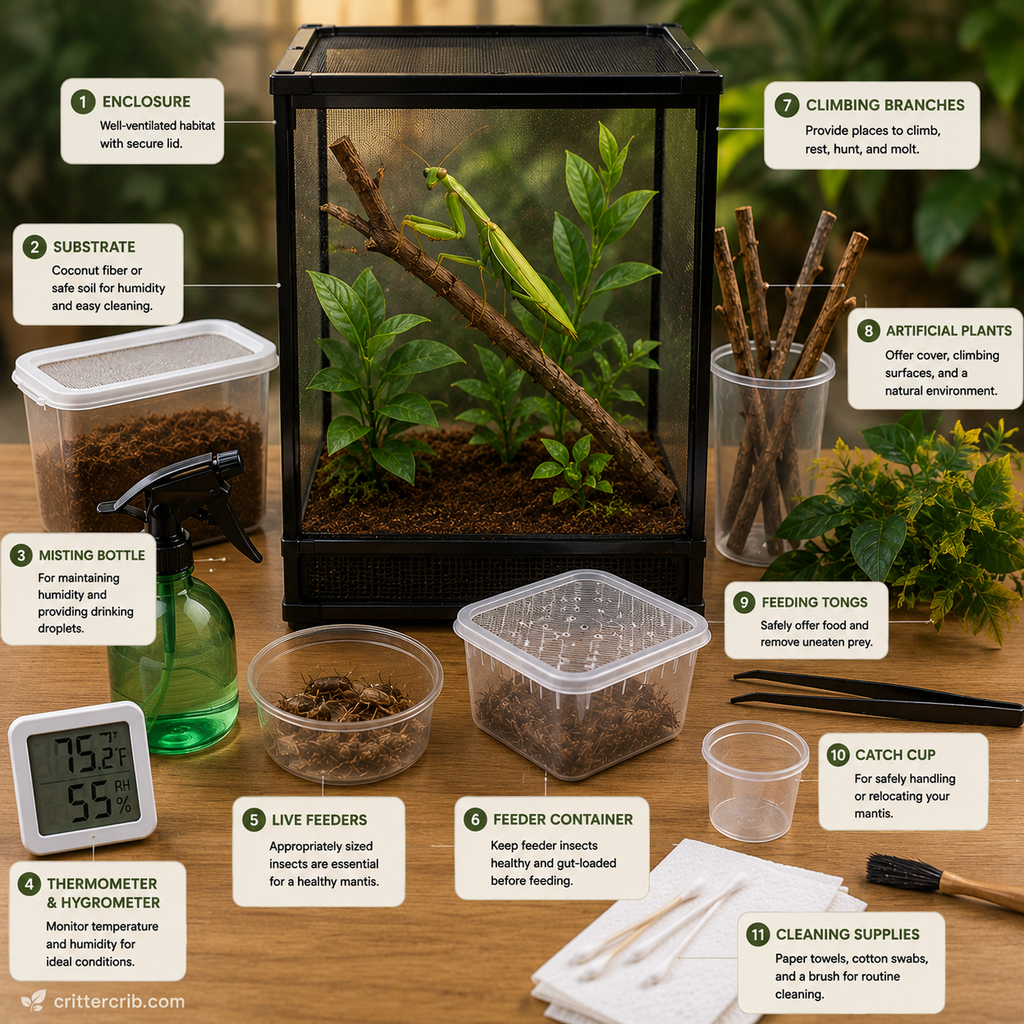 Praying mantis supplies including enclosure, substrate, mister, thermometer, live feeders, branches, plants, and feeding tongs
