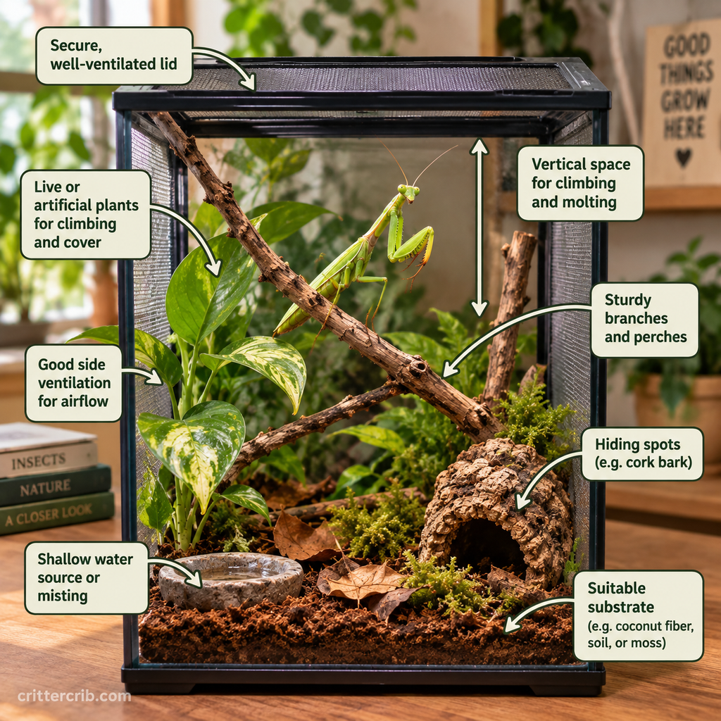 Praying mantis habitat setup with ventilation, climbing branches, plants, substrate, and molting space