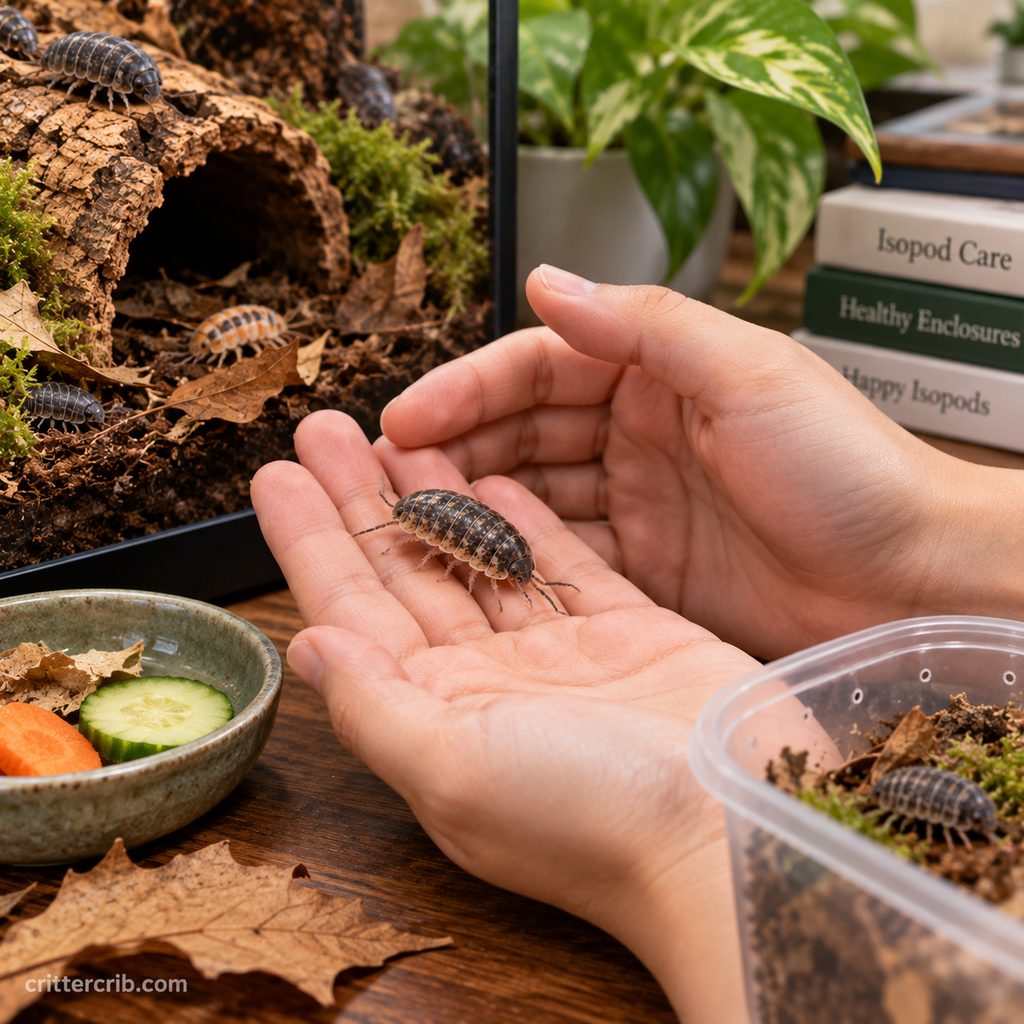 Isopod being gently handled with open hands beside its natural terrarium