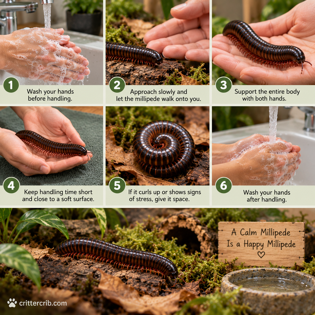 Steps for safely handling a pet millipede with clean hands, gentle support, and minimal stress