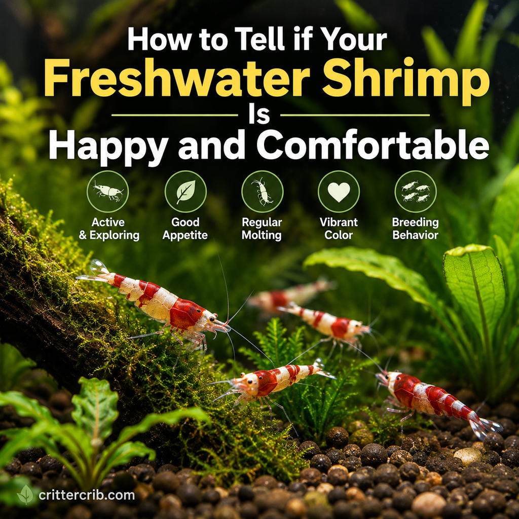 Freshwater shrimp grazing and exploring among moss and live plants in a healthy aquarium