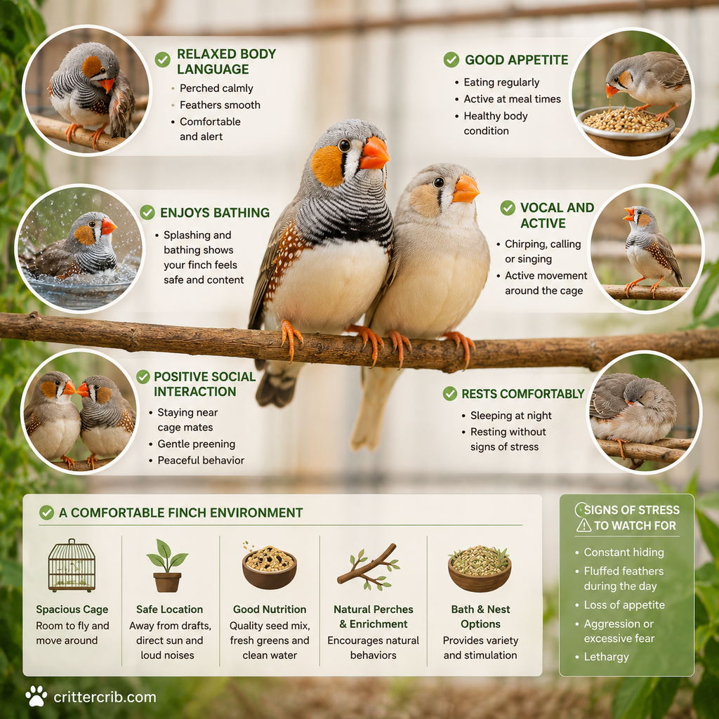 Happy finches showing relaxed body language, eating, bathing, socializing, and resting comfortably