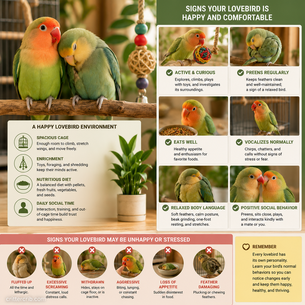 Lovebirds displaying happy behaviors including playing, preening, eating, relaxing, vocalizing, and interacting together.