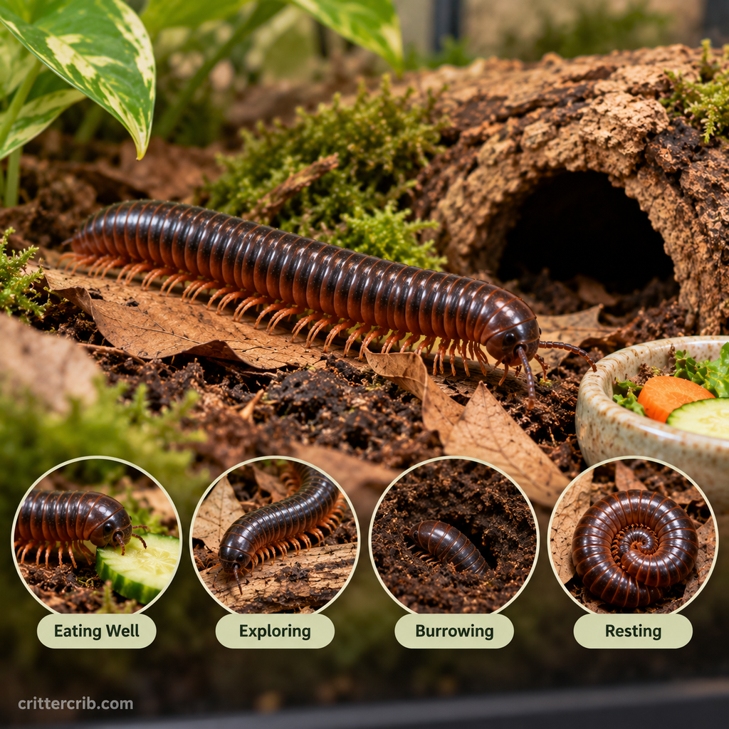 Healthy millipede eating, exploring, burrowing, and resting in a natural terrarium