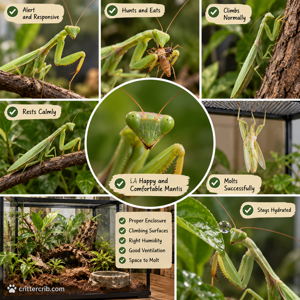 Signs of a healthy praying mantis including eating, climbing, resting, molting, and staying hydrated