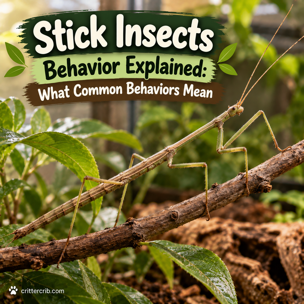 Stick insect perched on a branch in a natural enclosure displaying typical camouflage behavior