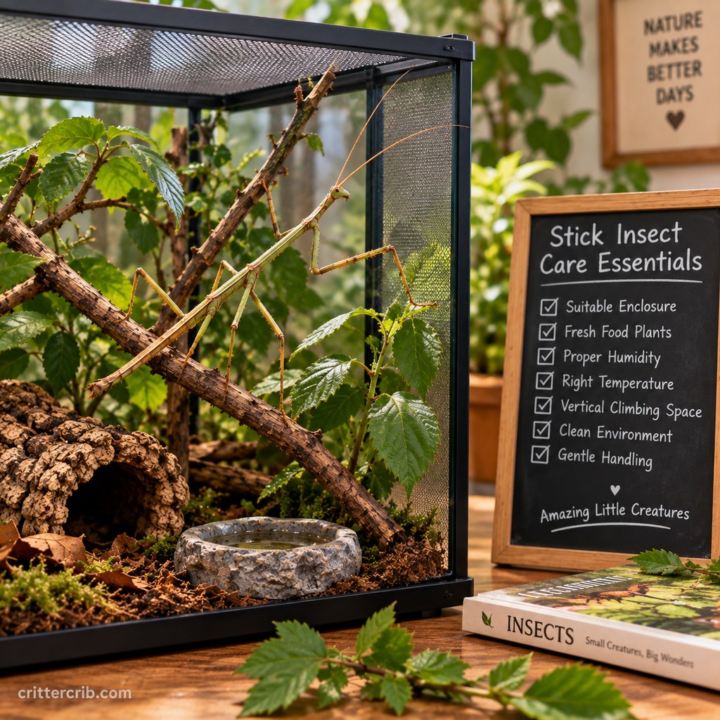 Stick insect in a natural terrarium with branches, fresh leaves, ventilation, and climbing space