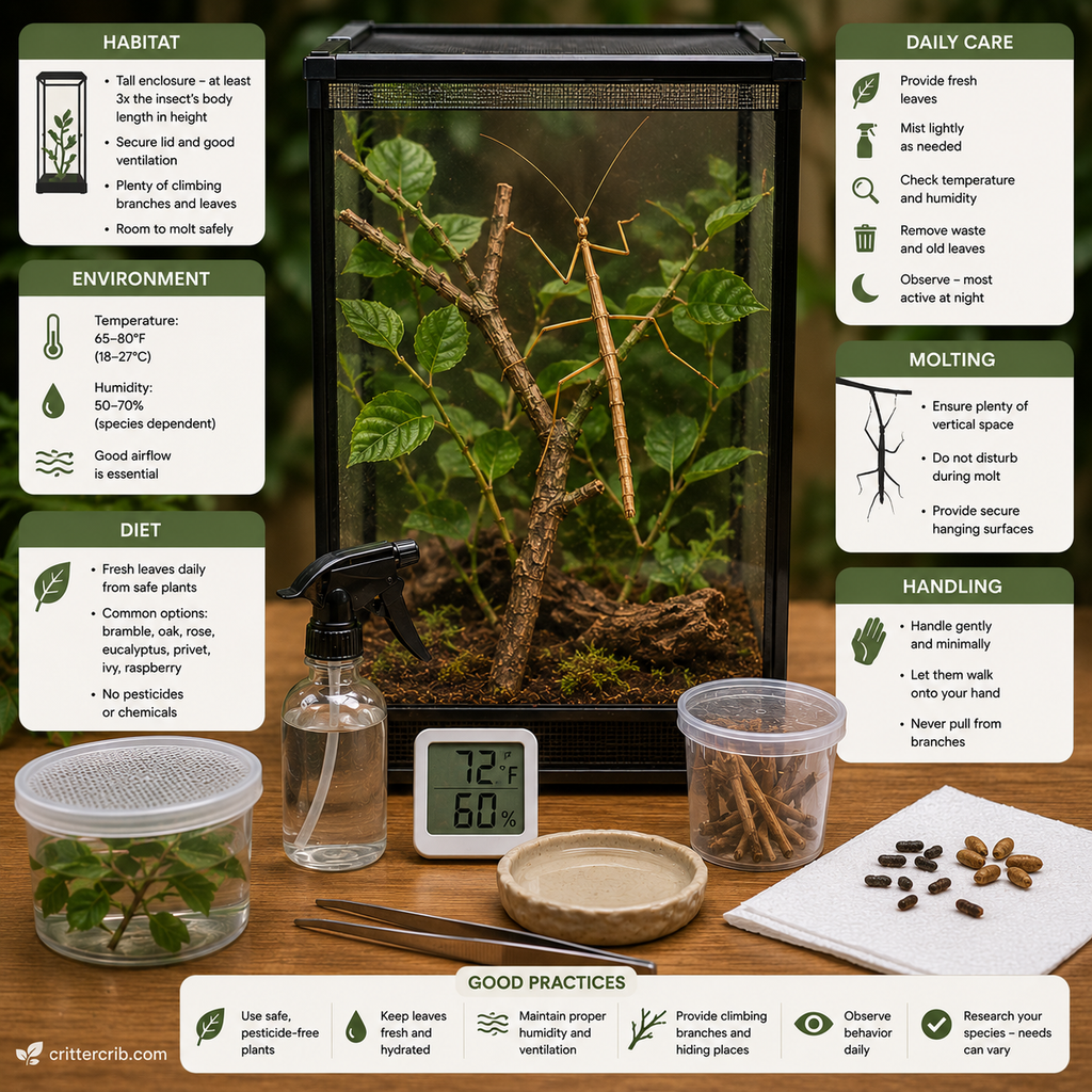 Stick insect care guide showing habitat, fresh leaf diet, humidity, ventilation, molting space, and daily care