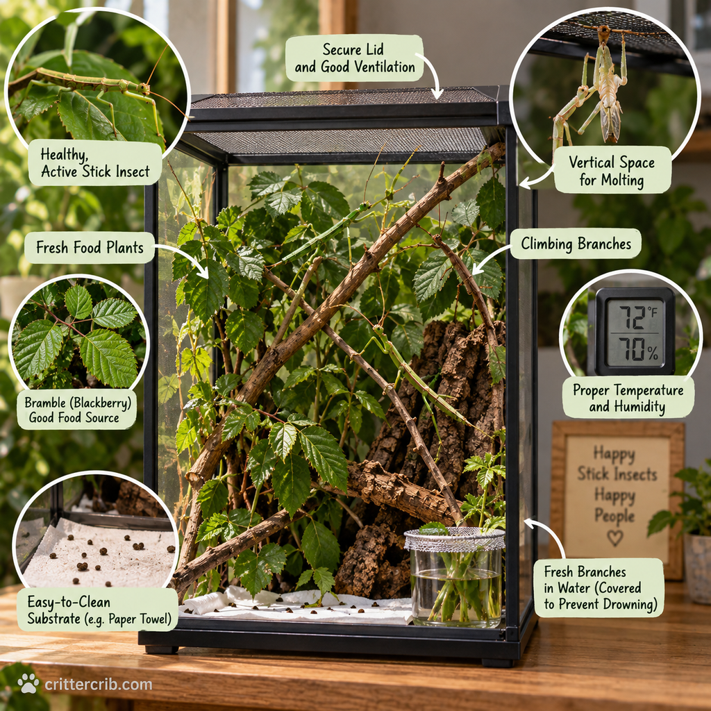 Stick insect enclosure with climbing branches, fresh food plants, ventilation, and vertical molting space