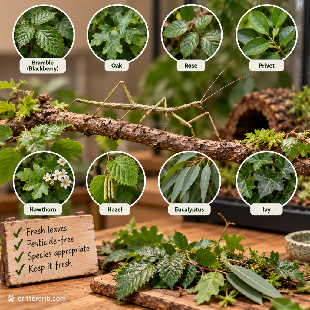 Stick insect with bramble, oak, rose, privet, hawthorn, hazel, eucalyptus, and ivy leaves used as food plants.