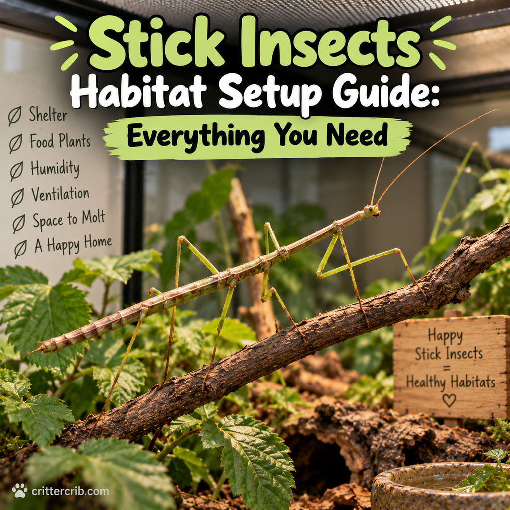 Stick insect climbing a branch in a natural enclosure with plants and proper habitat features