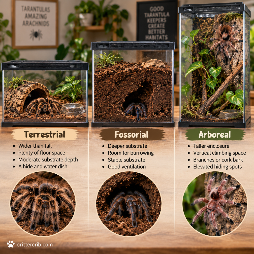 Terrestrial, fossorial, and arboreal tarantula enclosures showing different housing and space requirements