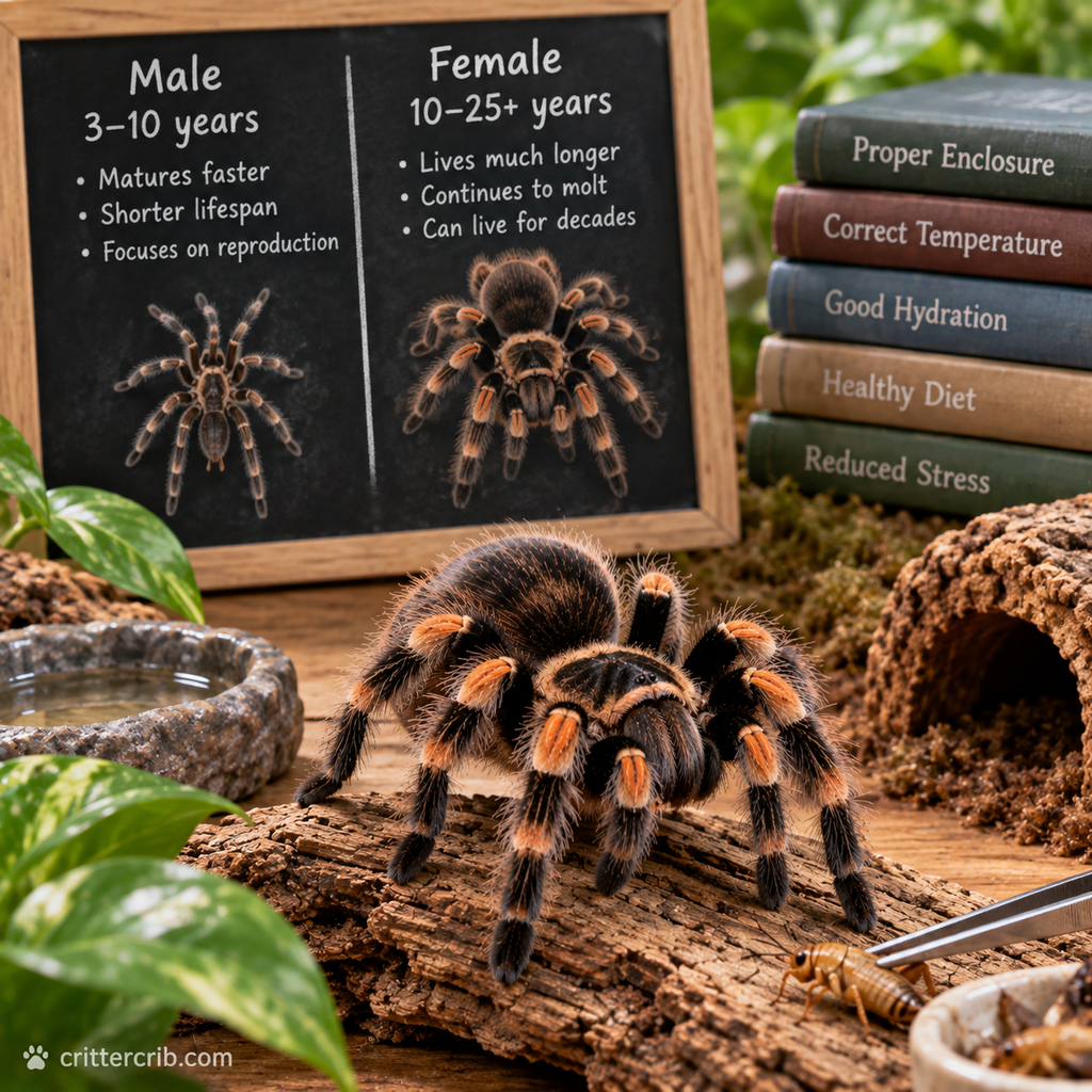 Tarantula care scene comparing male and female lifespans with enclosure, temperature, hydration, diet, and stress factors.