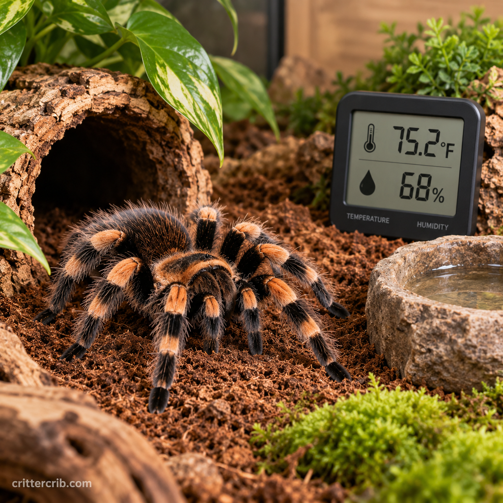 Tarantula in a terrarium with a digital temperature and humidity gauge and water dish