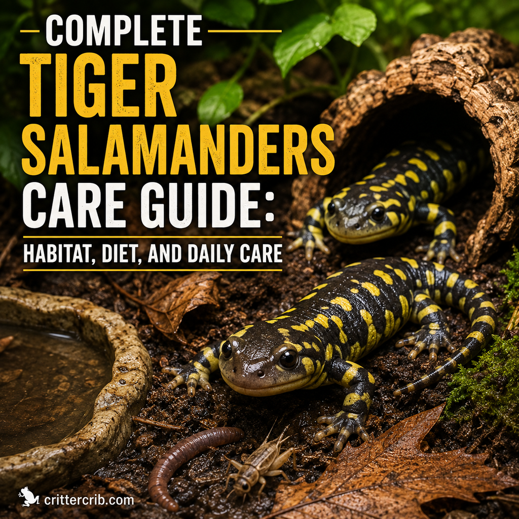 Tiger salamanders in a natural terrarium with moist substrate, hides, water, and food
