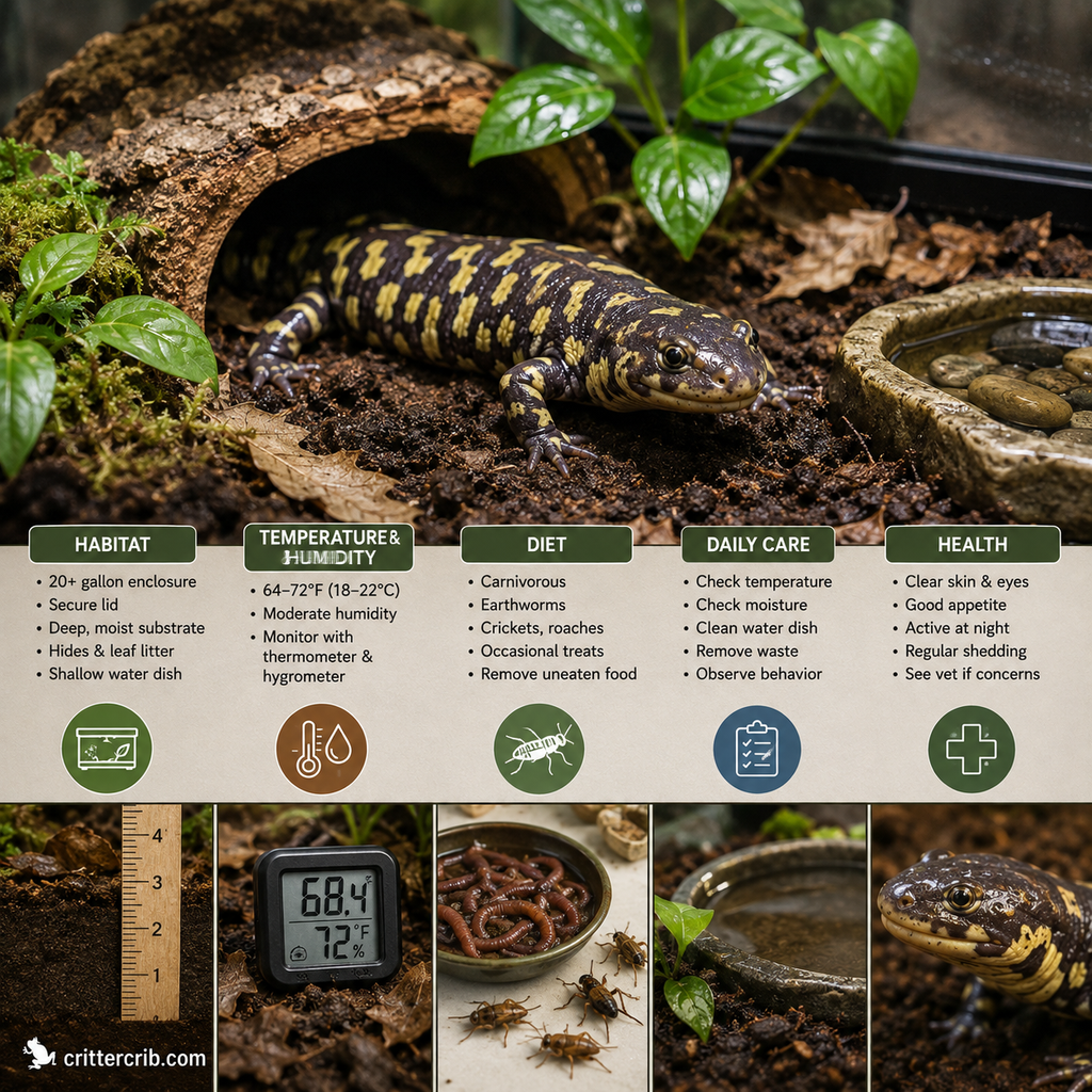 Tiger salamander care guide showing habitat, temperature, humidity, diet, water, and daily care requirements
