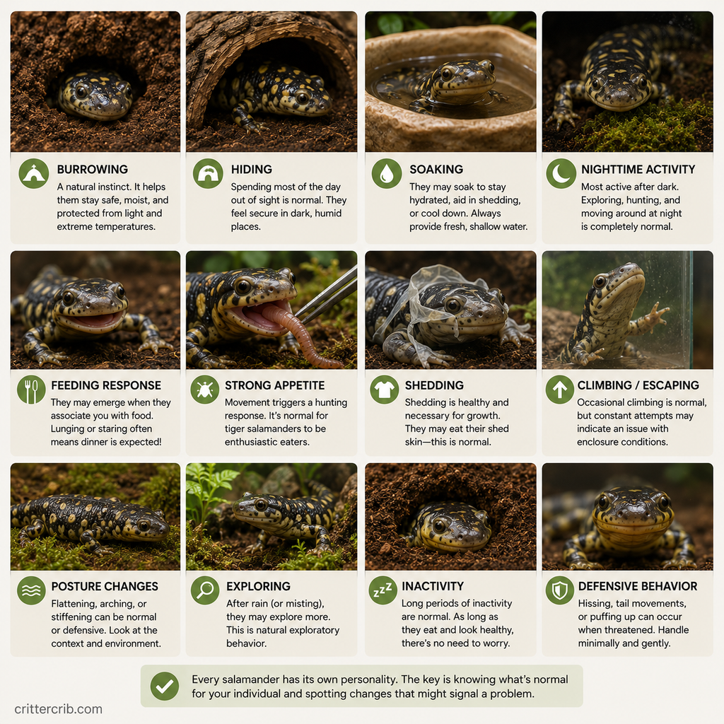 Common tiger salamander behaviors including burrowing, hiding, soaking, feeding, shedding, exploring, and nighttime activity