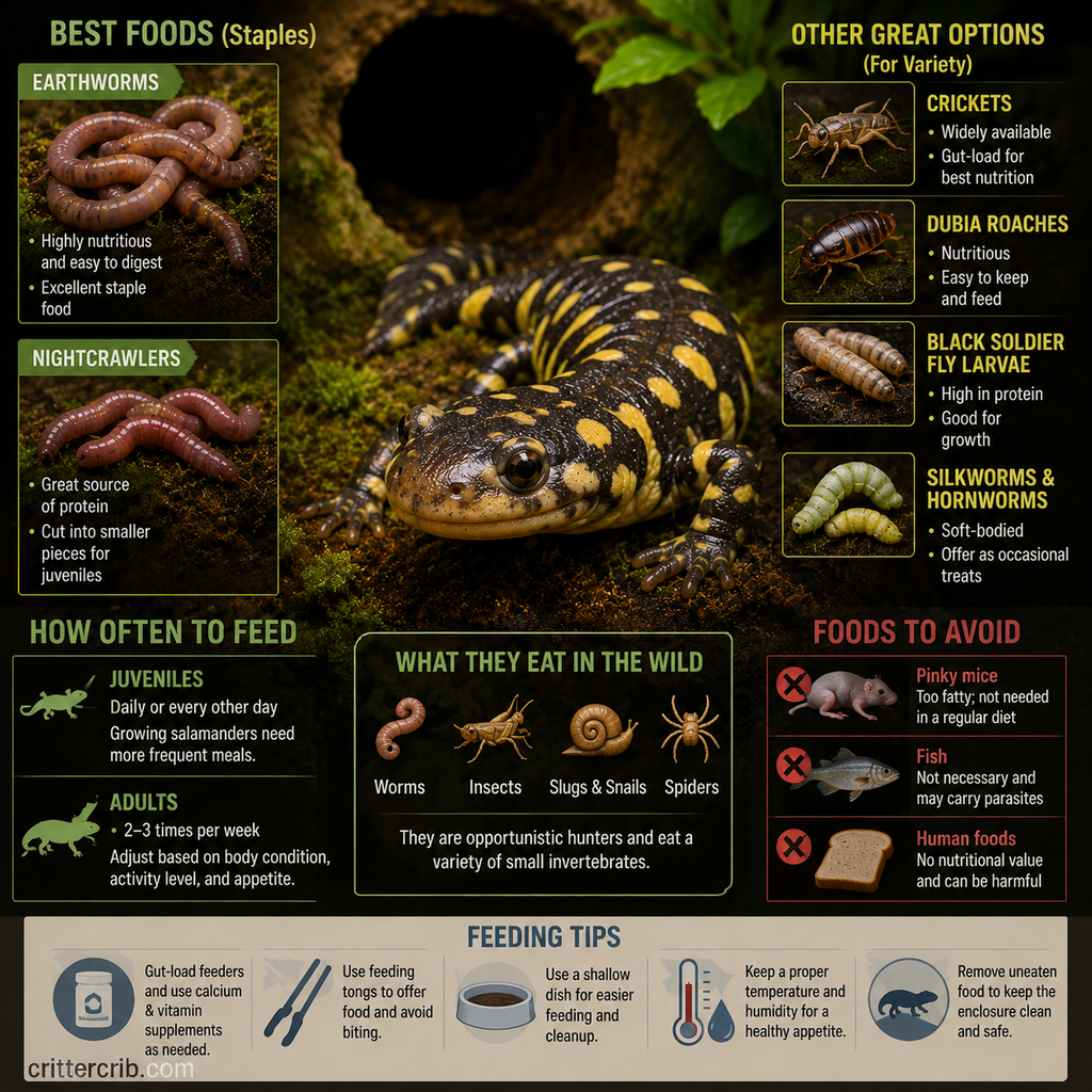 Tiger salamander feeding guide showing earthworms, nightcrawlers, crickets, roaches, larvae, and foods to avoid