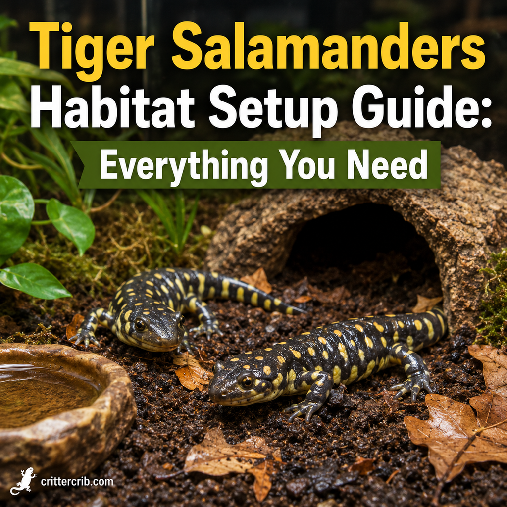 Tiger salamanders in a naturalistic habitat with deep moist substrate, leaf litter, hide, plants, and water dish