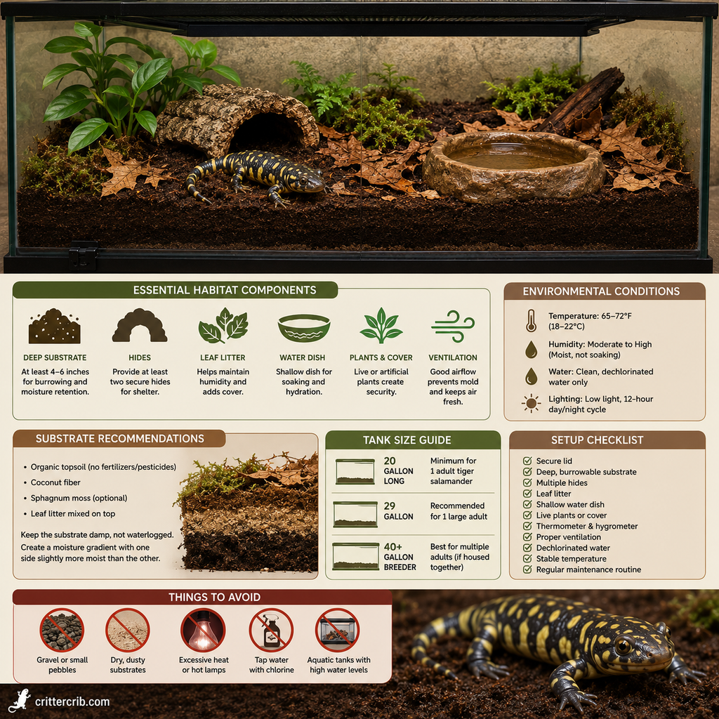 Tiger salamander habitat setup showing deep substrate, hides, leaf litter, water dish, plants, ventilation, and temperature requirements