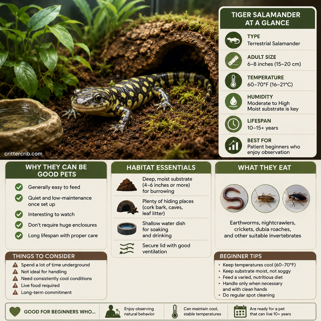 Tiger salamander pet care guide showing habitat, temperature, diet, lifespan, and beginner care requirements