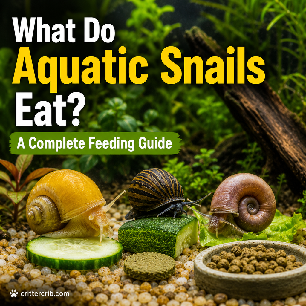 Aquatic snails feeding on zucchini, cucumber, algae wafers, and pellets in a planted aquarium