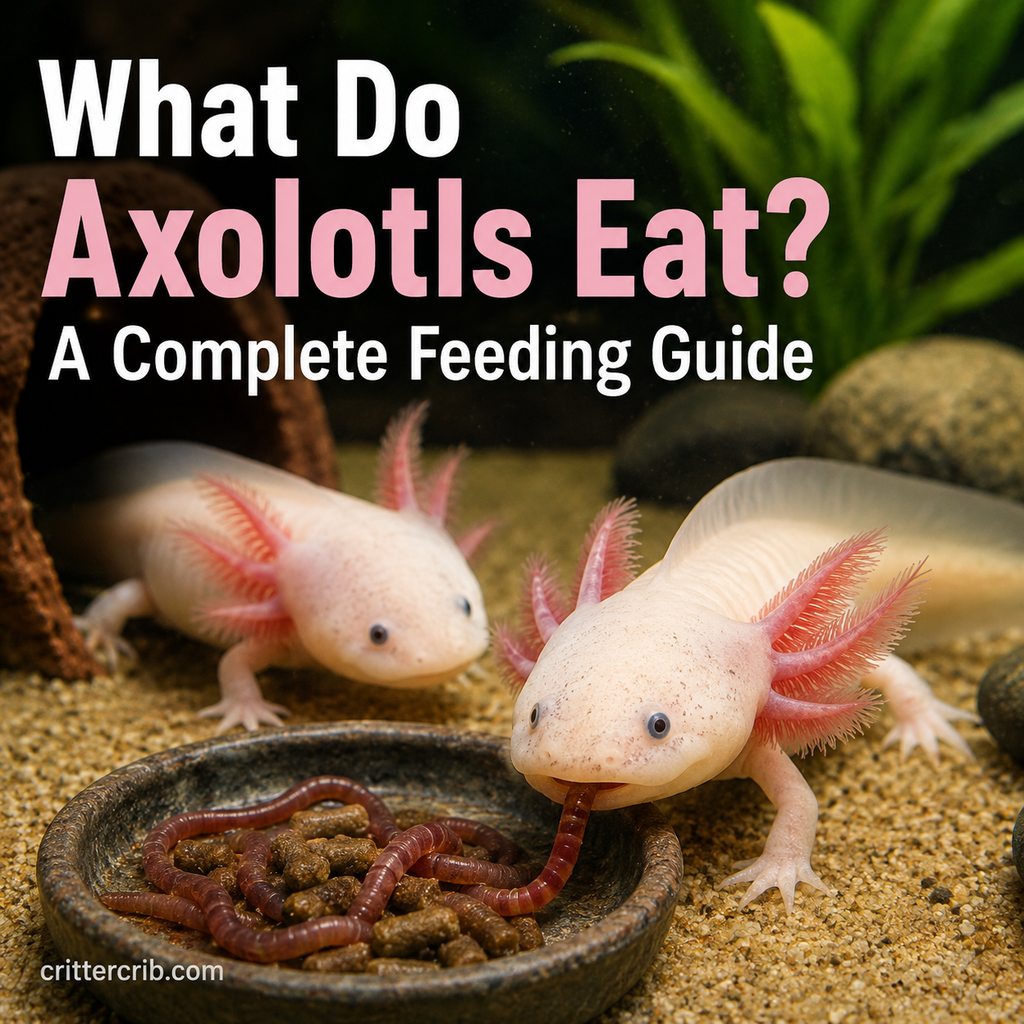 Axolotls eating earthworms and pellets in an aquarium