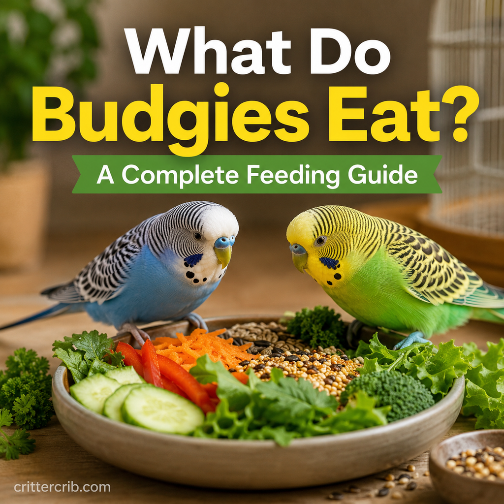 Two budgies with a variety of seeds and fresh vegetables for a complete budgie feeding guide.