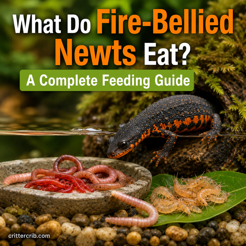 ire-bellied newt with earthworms, bloodworms, and other suitable foods in a naturalistic habitat
