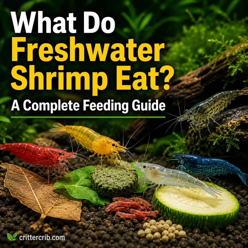 Freshwater shrimp eating algae wafers, vegetables, and natural foods in a planted aquarium