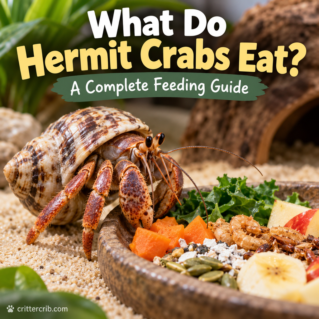 Hermit crab beside a variety of fruits, vegetables, seeds, and protein foods in a natural enclosure.