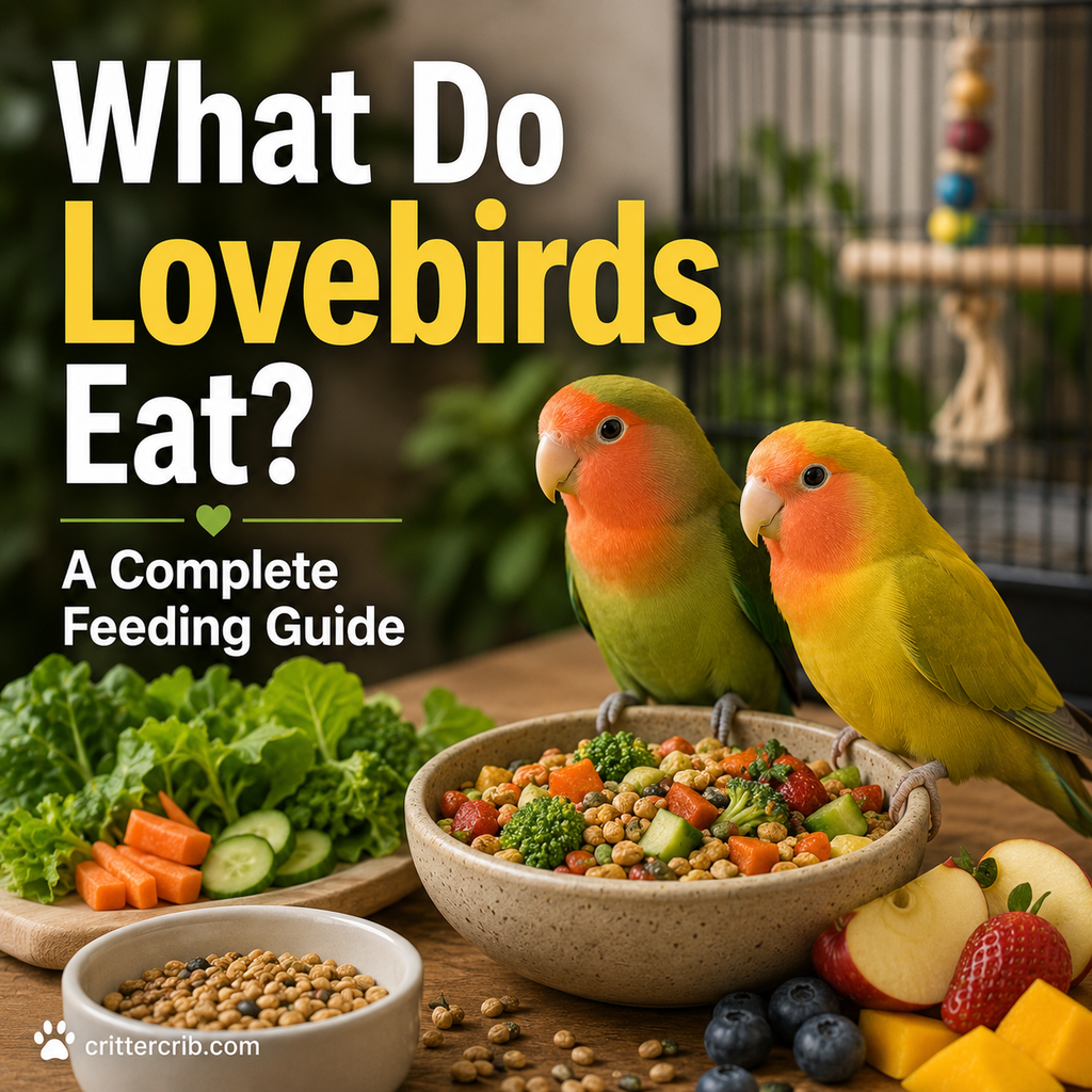 Two lovebirds with pellets, seeds, fresh vegetables, leafy greens, and fruit