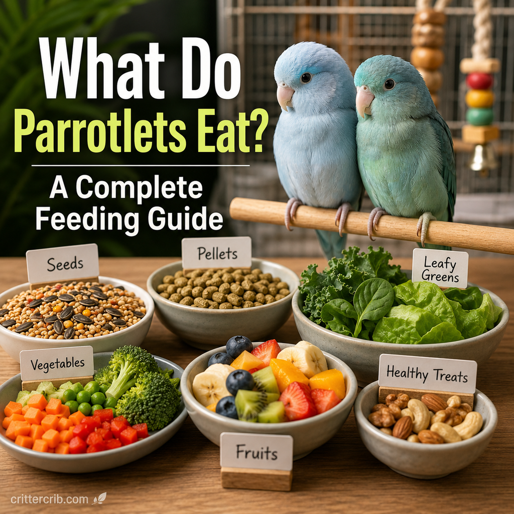 Two parrotlets with pellets, seeds, vegetables, leafy greens, fruit, and healthy treats for a balanced diet.