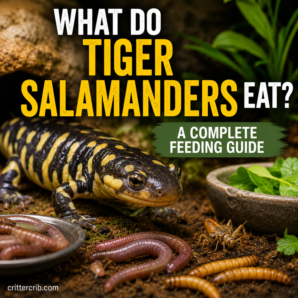 Tiger salamander with earthworms, crickets, and feeder insects illustrating a complete feeding guide